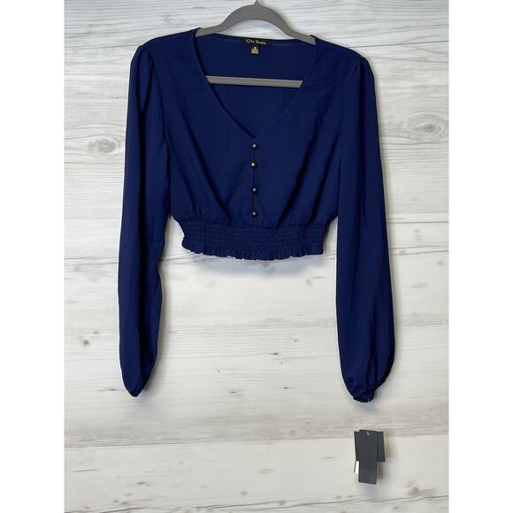 City Studio Tops - City Studio Blouse Womens Medium‎ Blue Long Sleeve V Neck Smocked Crop Top NWT